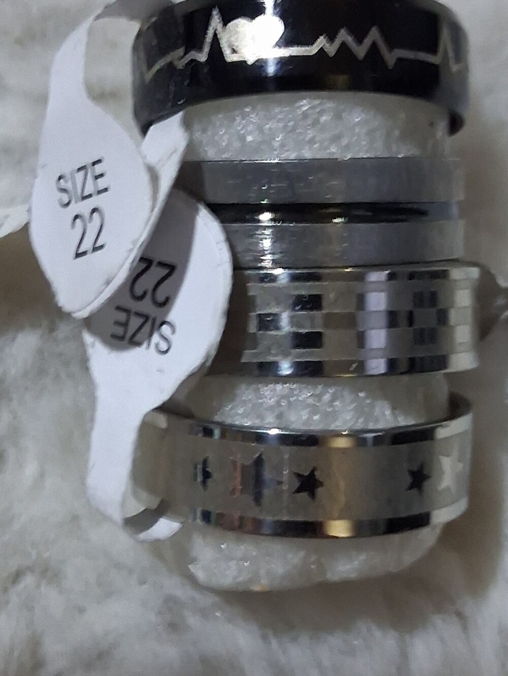 Men's Stainless Steel Heartbeat & Pattern Stackable Rings - Silver - Picture 3 of 3